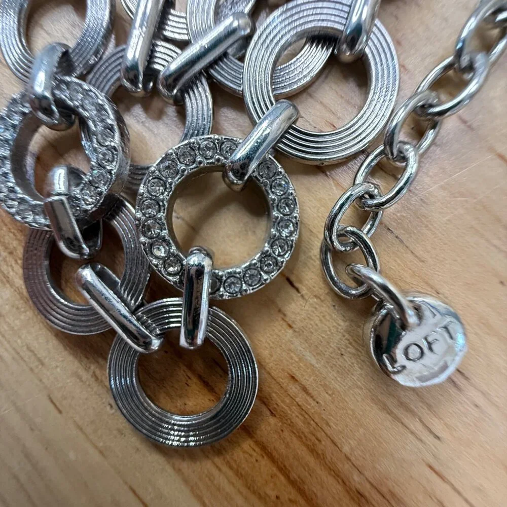 Loft Three-Layer Silver-Tone Necklace With Circular Links‎ & Rhinestone Accents